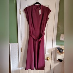 Ann Taylor Petite Mock Neck Belted Flare Dress, Burgundy Size 2